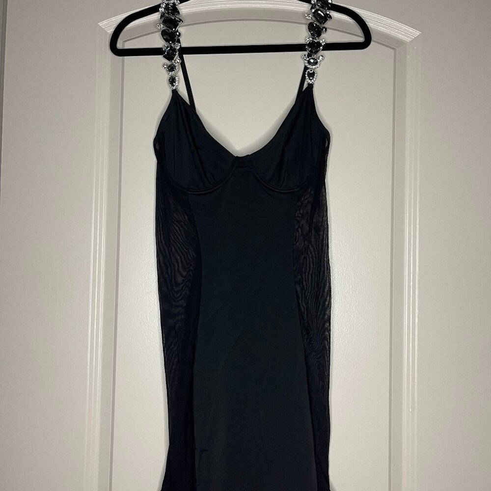 BLACK MESH SIDE DRESS WITH CRYSTAL STRAPS